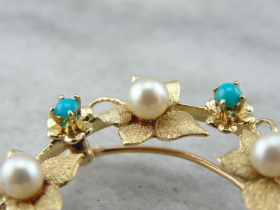 Art Nouveau Leaf, Pearl and Turquoise Circle Pin
