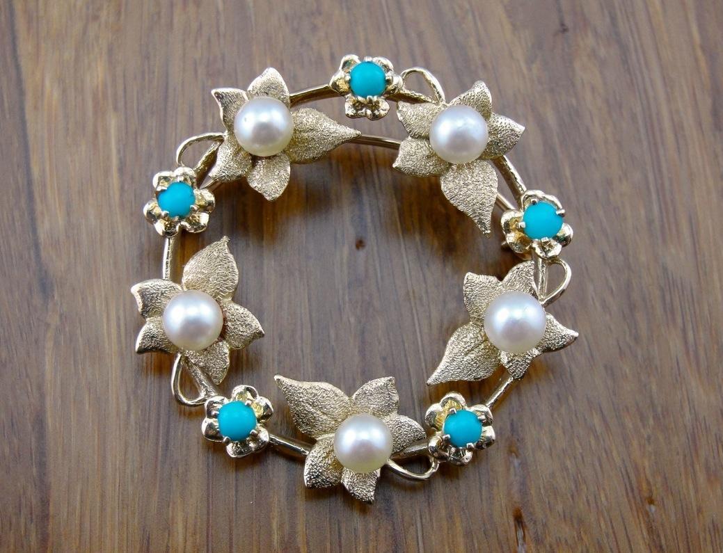 Art Nouveau Leaf, Pearl and Turquoise Circle Pin