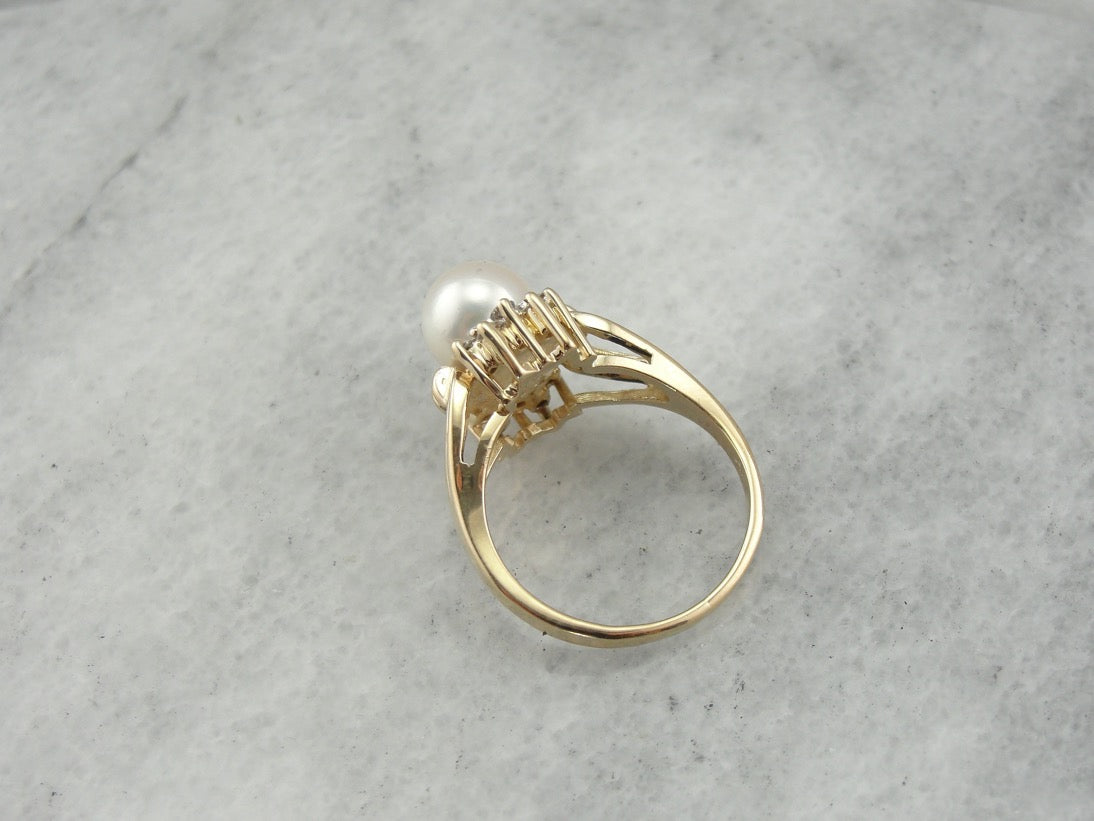 Classic White Pearl Halo Cocktail Ring in Yellow Gold