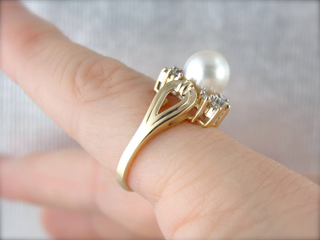 Classic White Pearl Halo Cocktail Ring in Yellow Gold