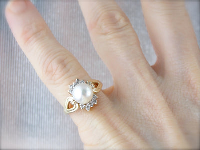Classic White Pearl Halo Cocktail Ring in Yellow Gold