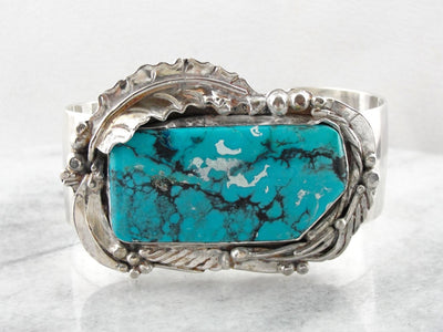 Handmade Botanical Themed Turquoise Cuff Bracelet, Large Statement Cuff