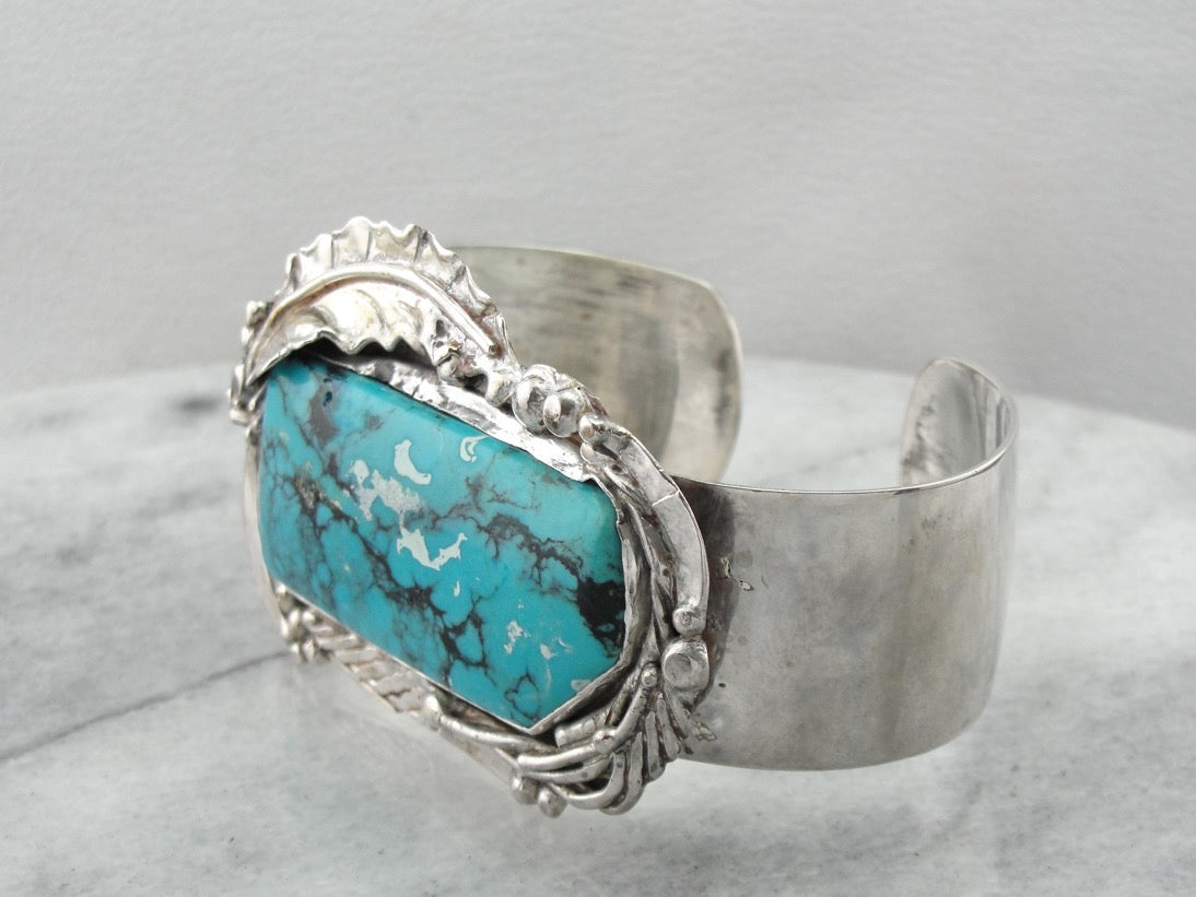 Handmade Botanical Themed Turquoise Cuff Bracelet, Large Statement Cuff