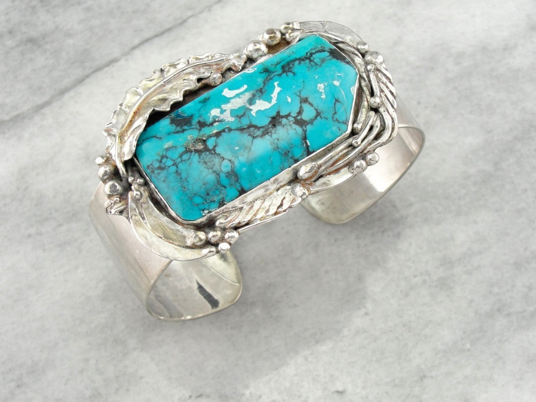 Handmade Botanical Themed Turquoise Cuff Bracelet, Large Statement Cuff