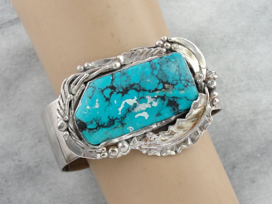 Handmade Botanical Themed Turquoise Cuff Bracelet, Large Statement Cuff