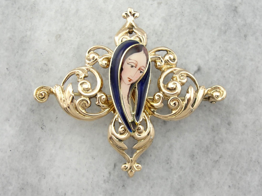 Scrolling Filigree Brooch with Modernist Virgin Mary Center