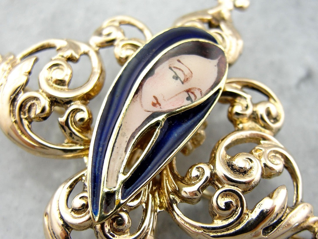 Scrolling Filigree Brooch with Modernist Virgin Mary Center