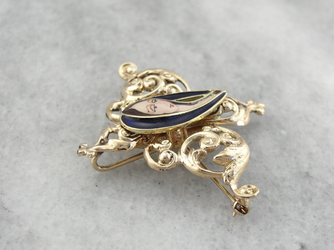 Scrolling Filigree Brooch with Modernist Virgin Mary Center