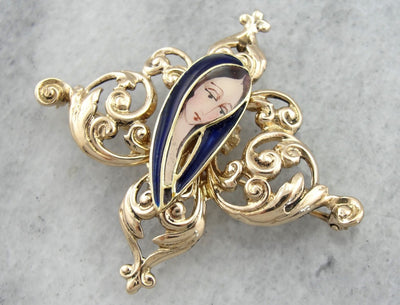 Scrolling Filigree Brooch with Modernist Virgin Mary Center