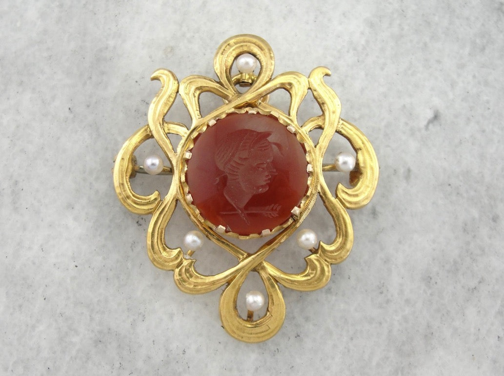 Antique Art Nouveau Era Pin or Pendant with Carnelian Intaglio and Seed Pearls