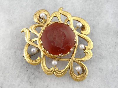 Antique Art Nouveau Era Pin or Pendant with Carnelian Intaglio and Seed Pearls
