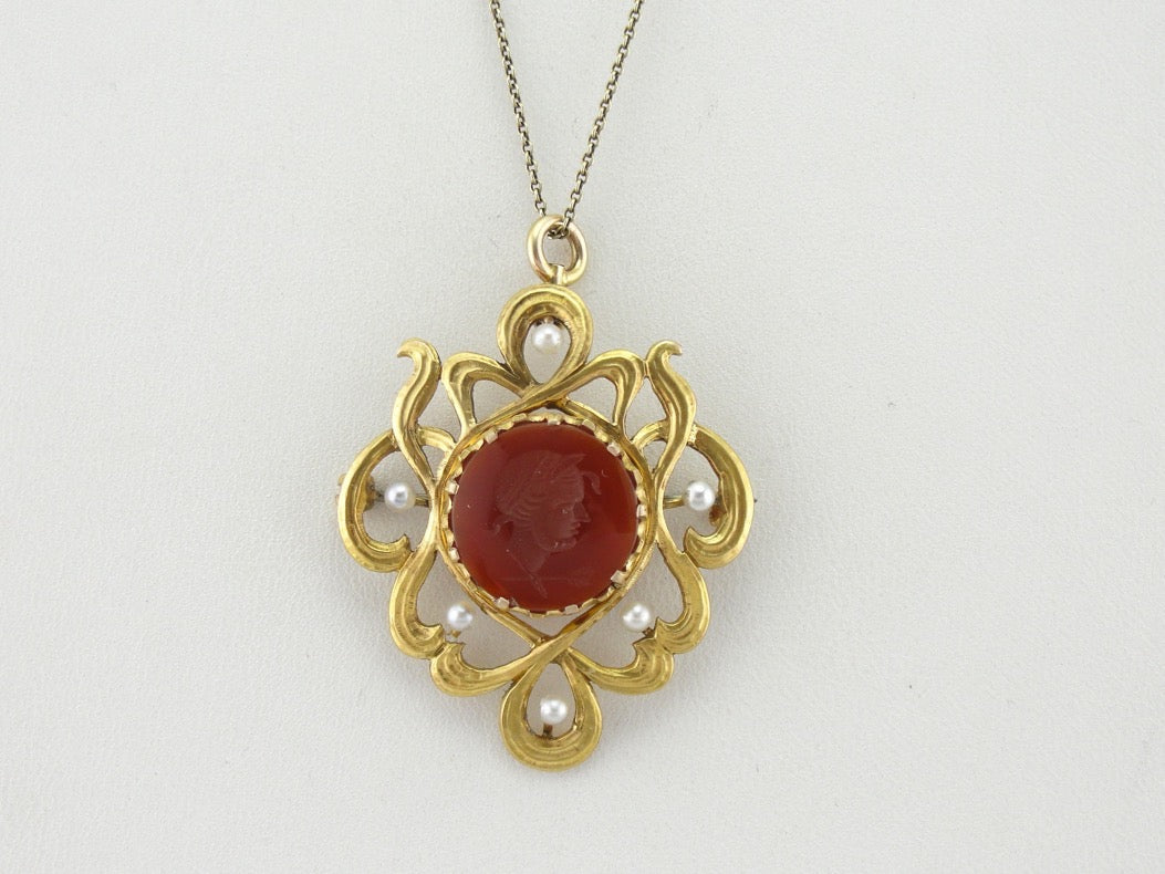 Antique Art Nouveau Era Pin or Pendant with Carnelian Intaglio and Seed Pearls