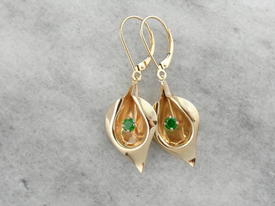 Golden Calla Lily & Green Demantoid Garnet Flower Earrings