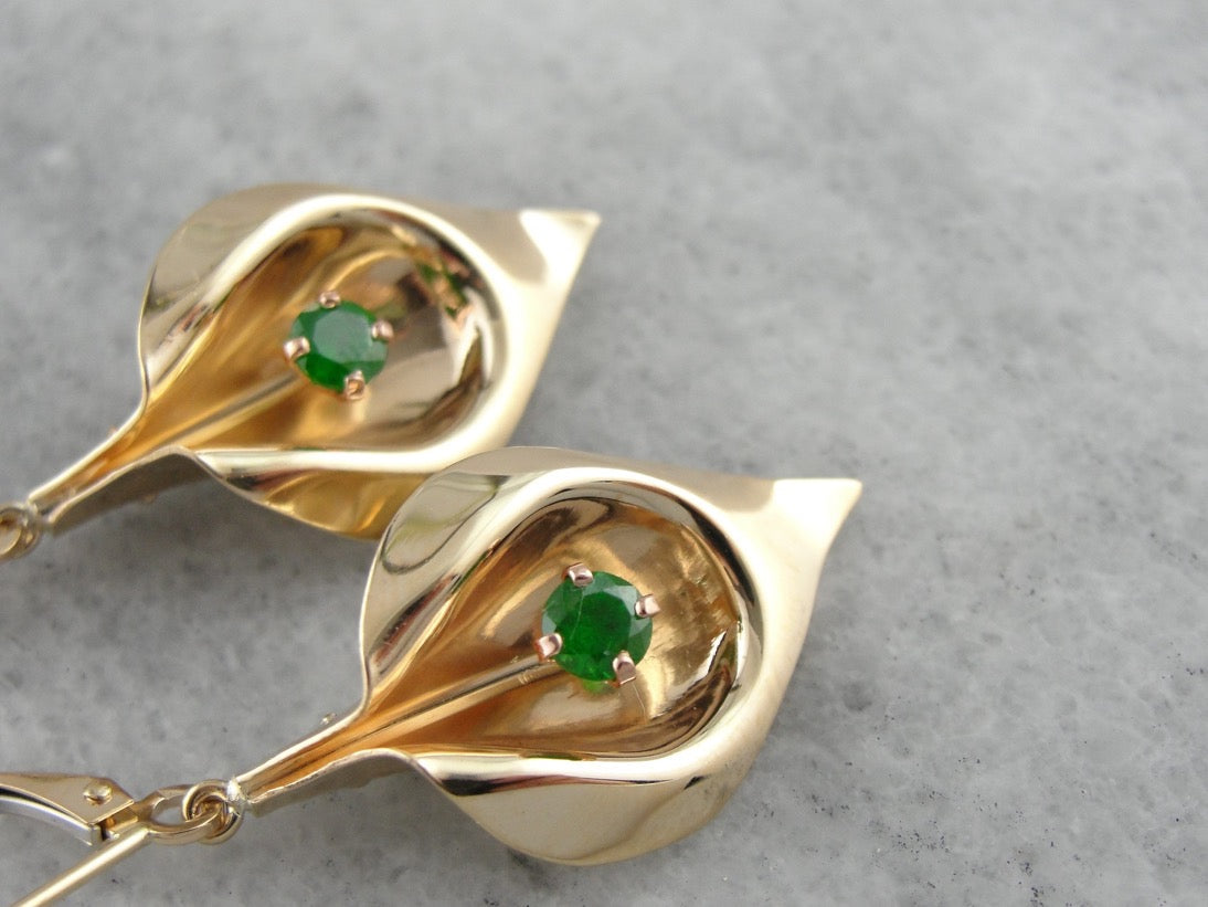 Golden Calla Lily & Green Demantoid Garnet Flower Earrings
