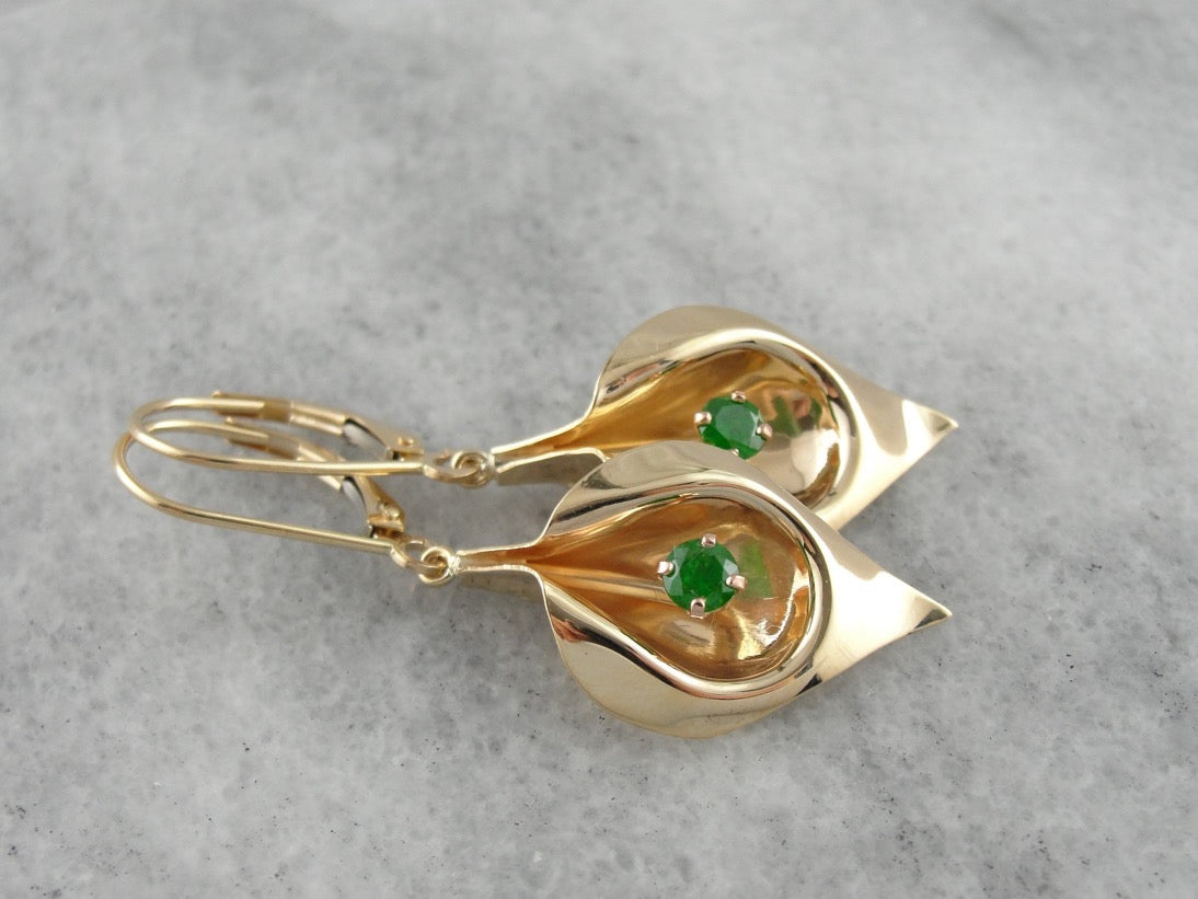 Golden Calla Lily & Green Demantoid Garnet Flower Earrings