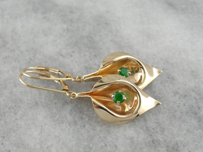 Golden Calla Lily & Green Demantoid Garnet Flower Earrings
