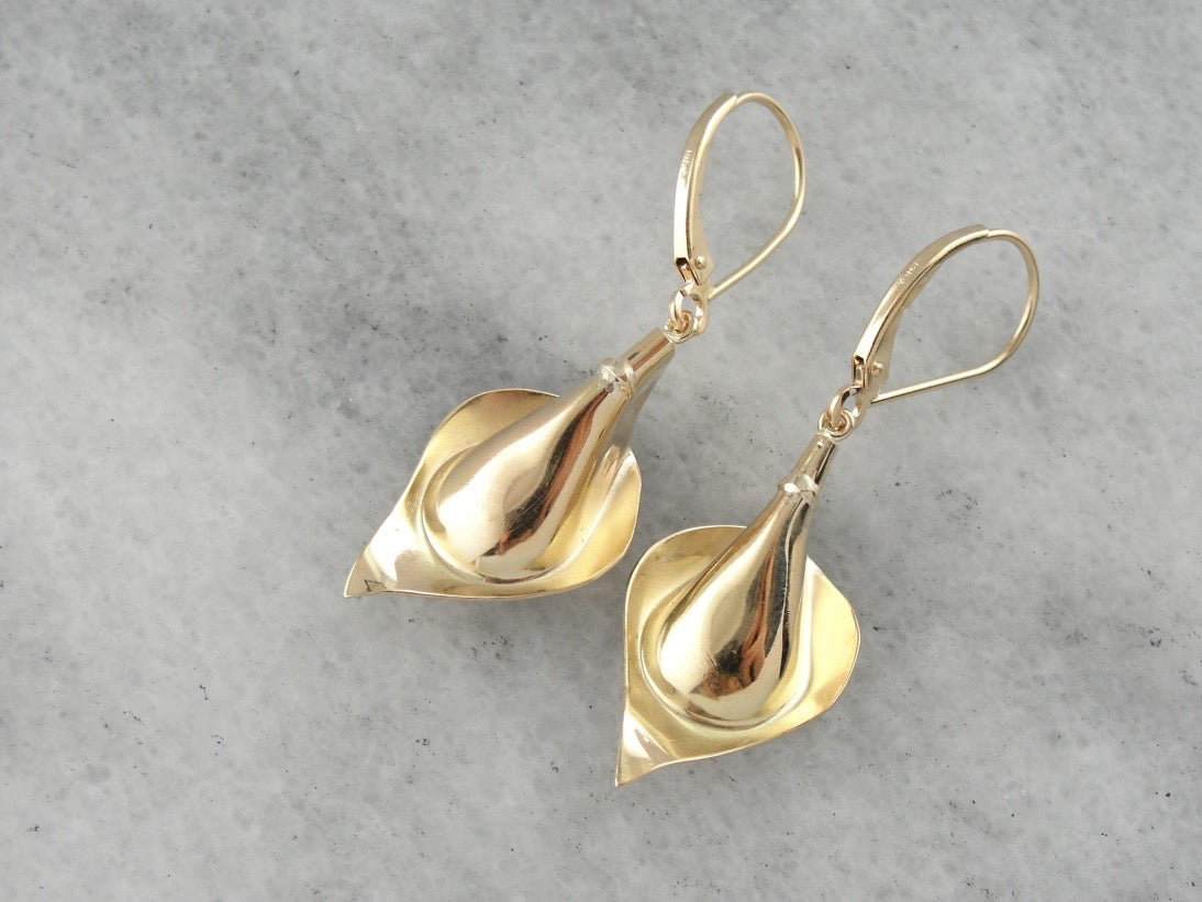 Golden Calla Lily & Green Demantoid Garnet Flower Earrings