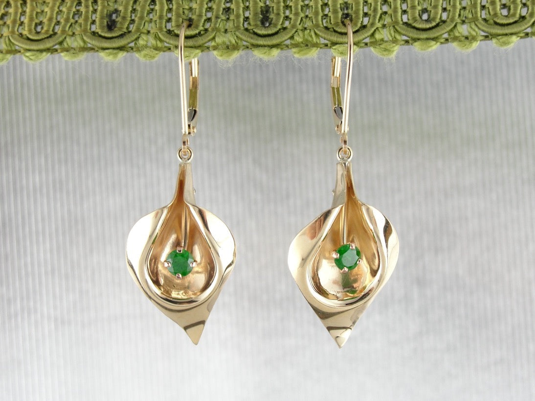 Golden Calla Lily & Green Demantoid Garnet Flower Earrings