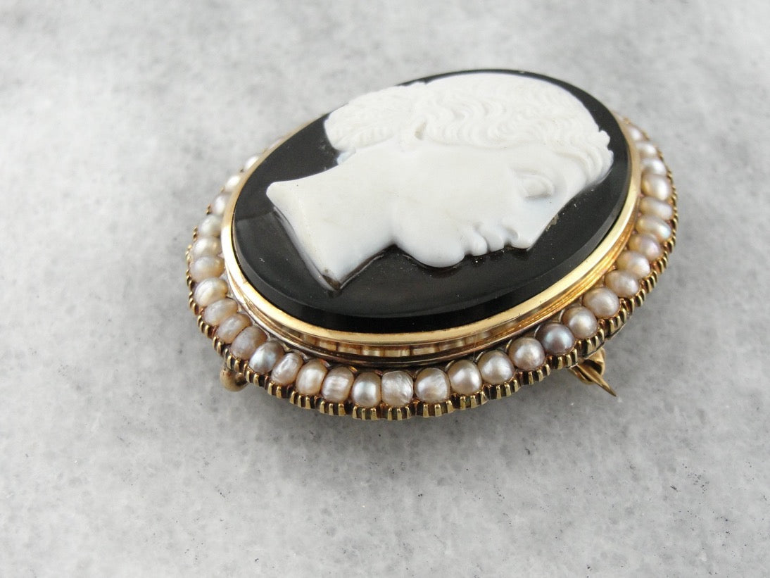 The Female Apostle Juniah: Antique Natural Pearl and Hardstone Black and White Onyx Cameo Brooch