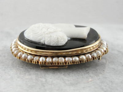 The Female Apostle Juniah: Antique Natural Pearl and Hardstone Black and White Onyx Cameo Brooch