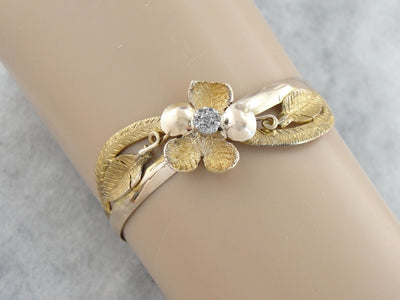 Textured Floral Gold Bangle Bracelet with Diamond Cluster