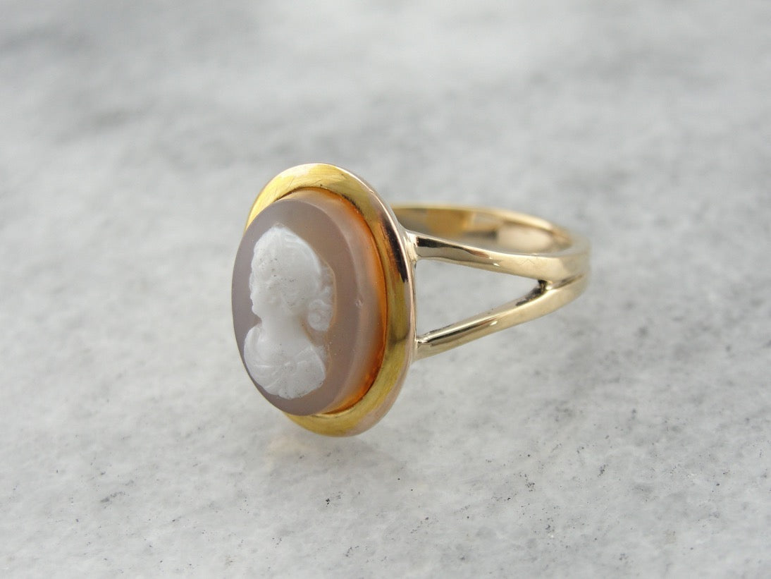 Vintage Hardstone Cameo Ring in Polished Gold Spit Shank Setting