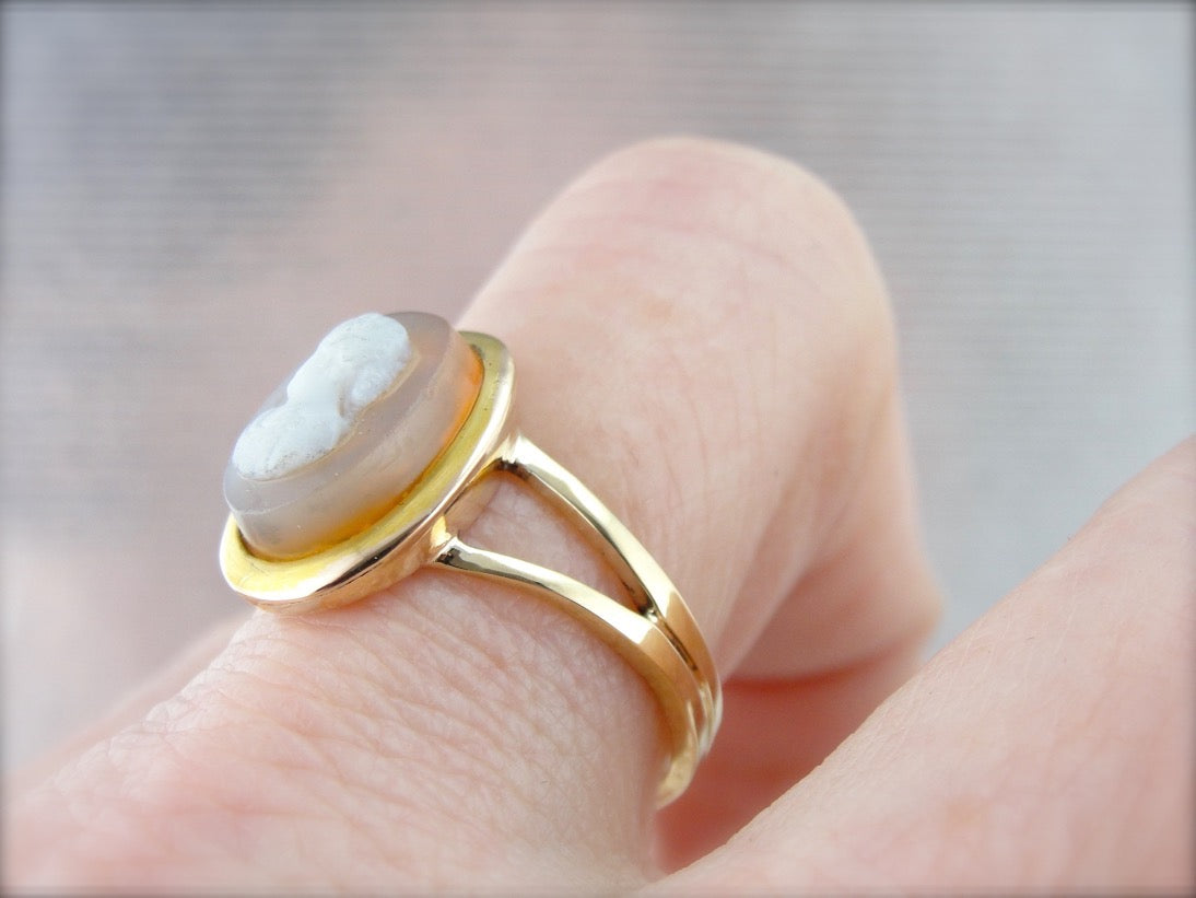 Vintage Hardstone Cameo Ring in Polished Gold Spit Shank Setting