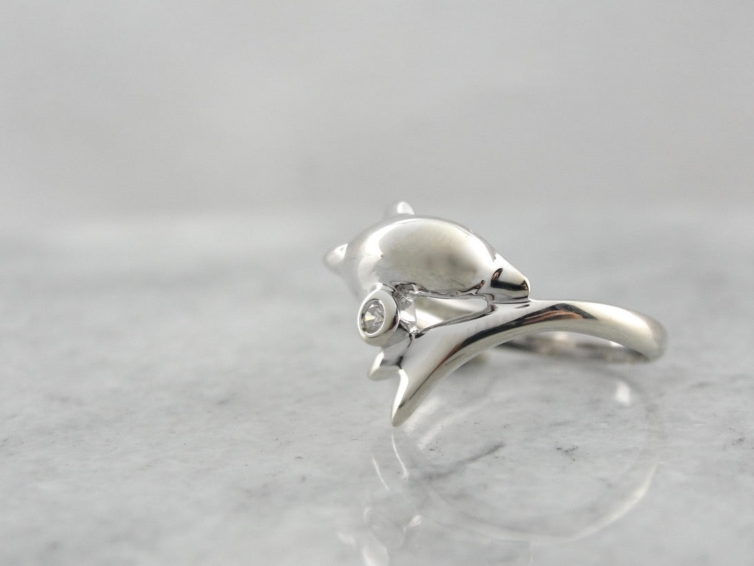 Adorable White Gold Dolphin Ring with Diamond Accent
