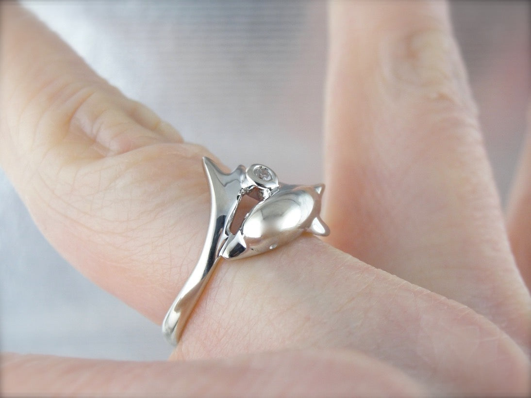 Adorable White Gold Dolphin Ring with Diamond Accent
