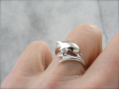 Adorable White Gold Dolphin Ring with Diamond Accent
