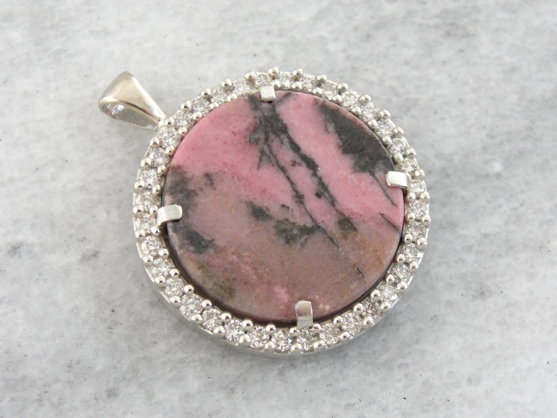 Rhodonite and Diamond Halo Pendant, Millennial Pink