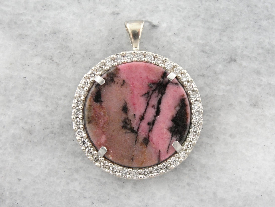 Rhodonite and Diamond Halo Pendant, Millennial Pink