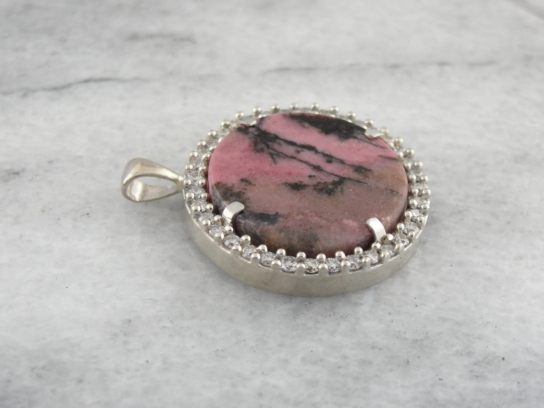 Rhodonite and Diamond Halo Pendant, Millennial Pink