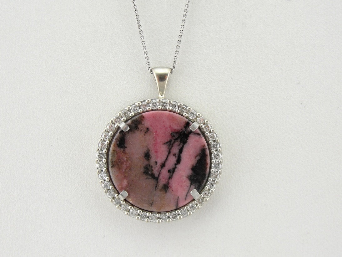 Rhodonite and Diamond Halo Pendant, Millennial Pink