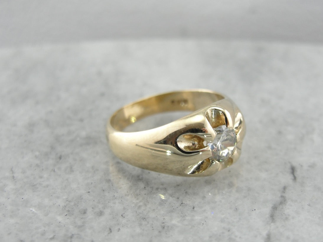 Pretty Belcher Set Diamond Solitaire, Mens or Ladies Vintage Ring