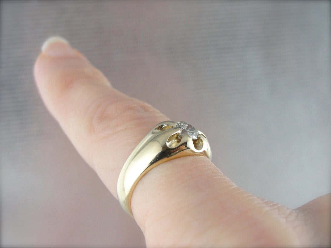 Pretty Belcher Set Diamond Solitaire, Mens or Ladies Vintage Ring