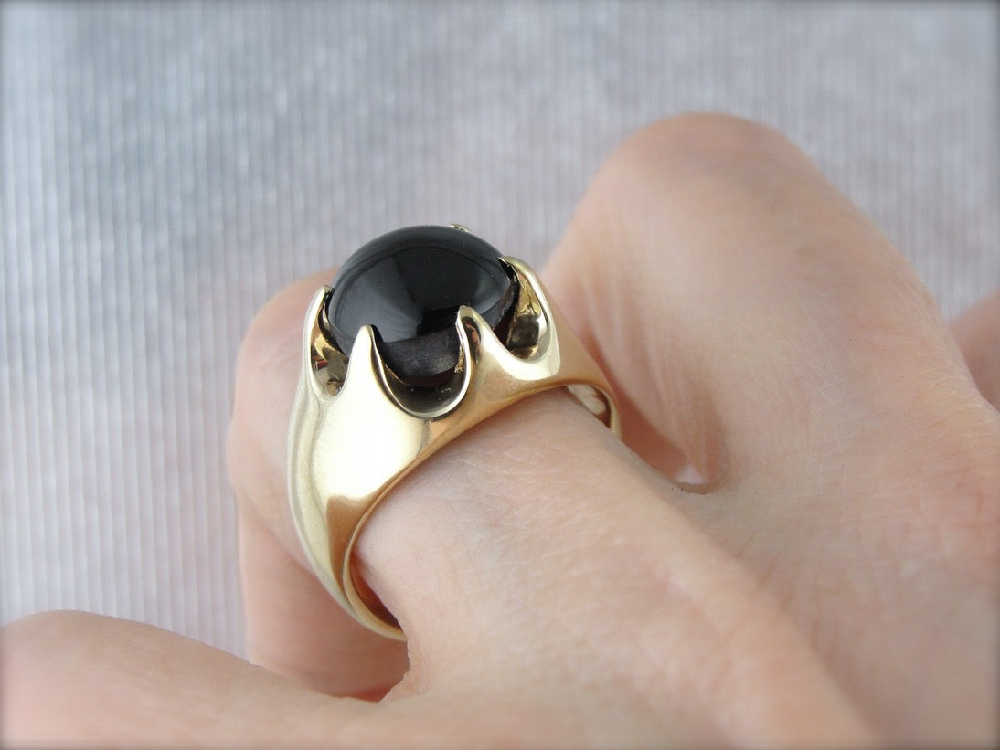 Vintage Statement: Large Cat's Eye Sillimanite Ring with Unisex Style, Belcher