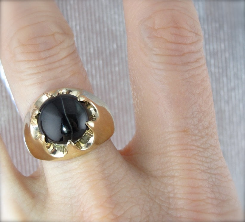Vintage Statement: Large Cat's Eye Sillimanite Ring with Unisex Style, Belcher