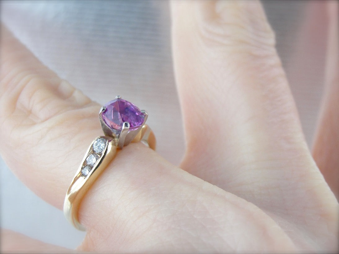 Pink Sapphire Engagement Ring with Diamond Accented Shoulders