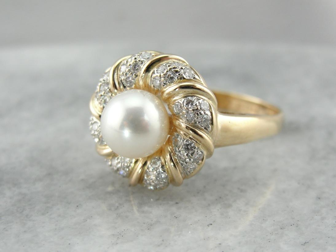Modern White Pearl and Diamond Cocktail Ring