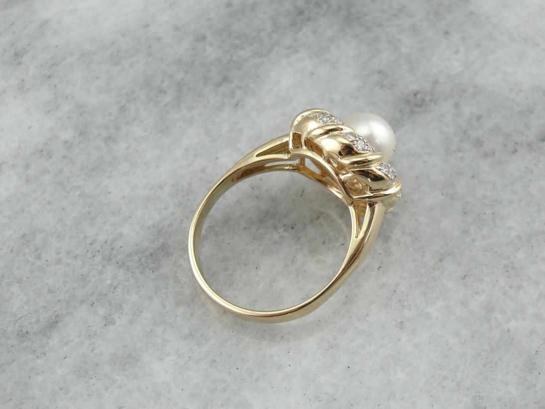 Modern White Pearl and Diamond Cocktail Ring