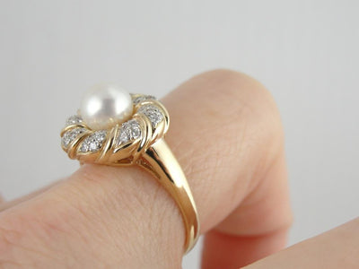 Modern White Pearl and Diamond Cocktail Ring