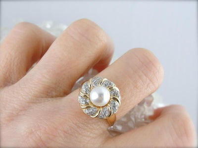 Modern White Pearl and Diamond Cocktail Ring