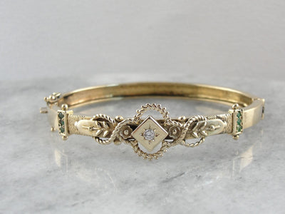 Diamond Emerald Hinged Bangle Bracelet