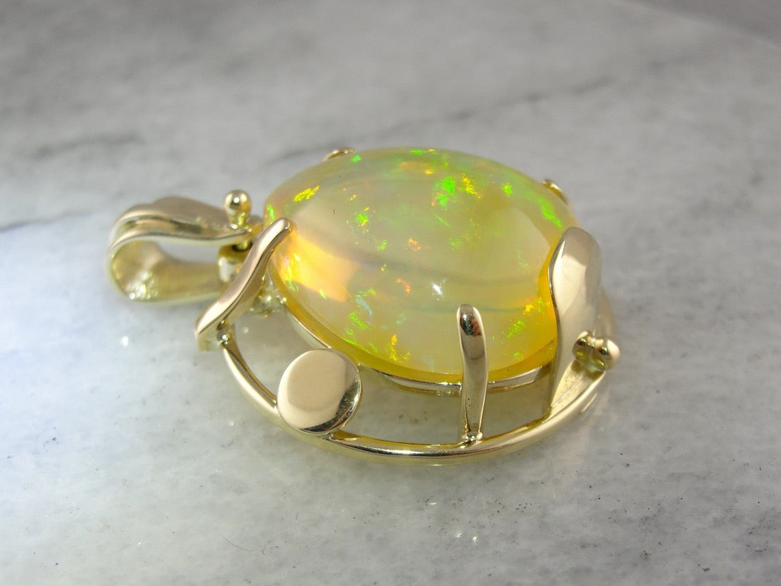 Large Ethiopian Opal Pendant in Handmade Yellow Gold Pendant