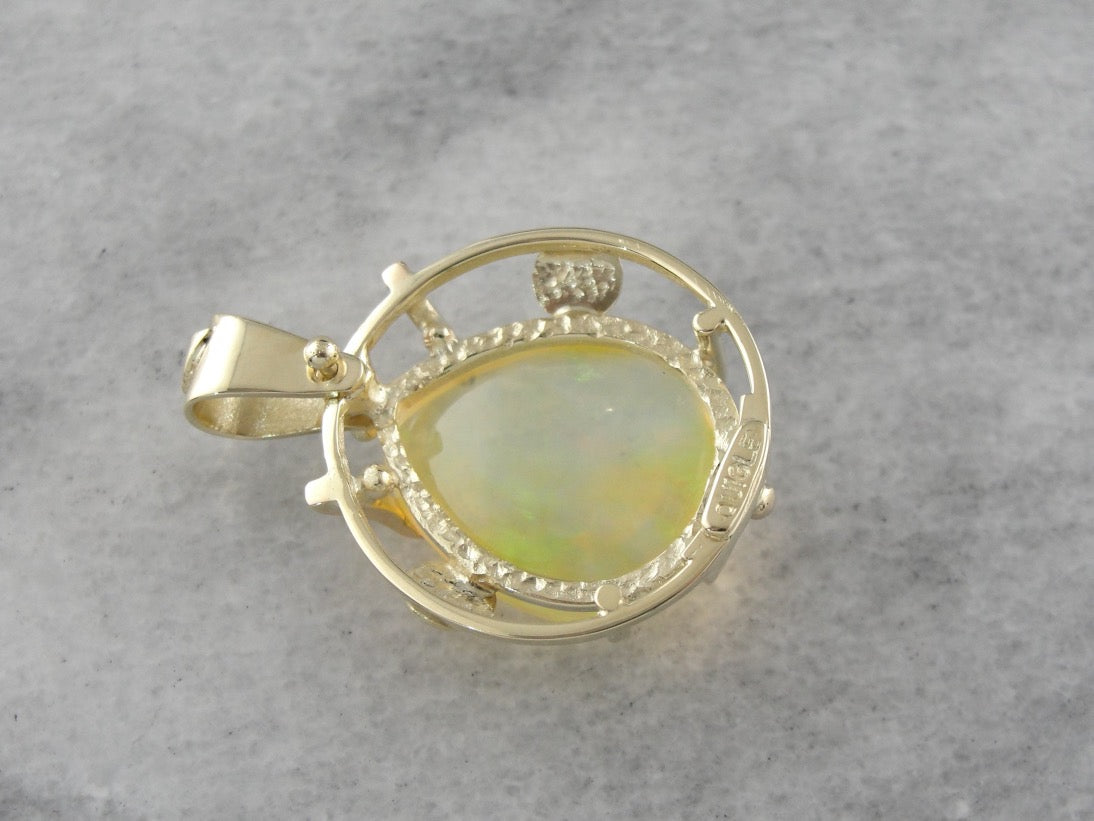 Large Ethiopian Opal Pendant in Handmade Yellow Gold Pendant