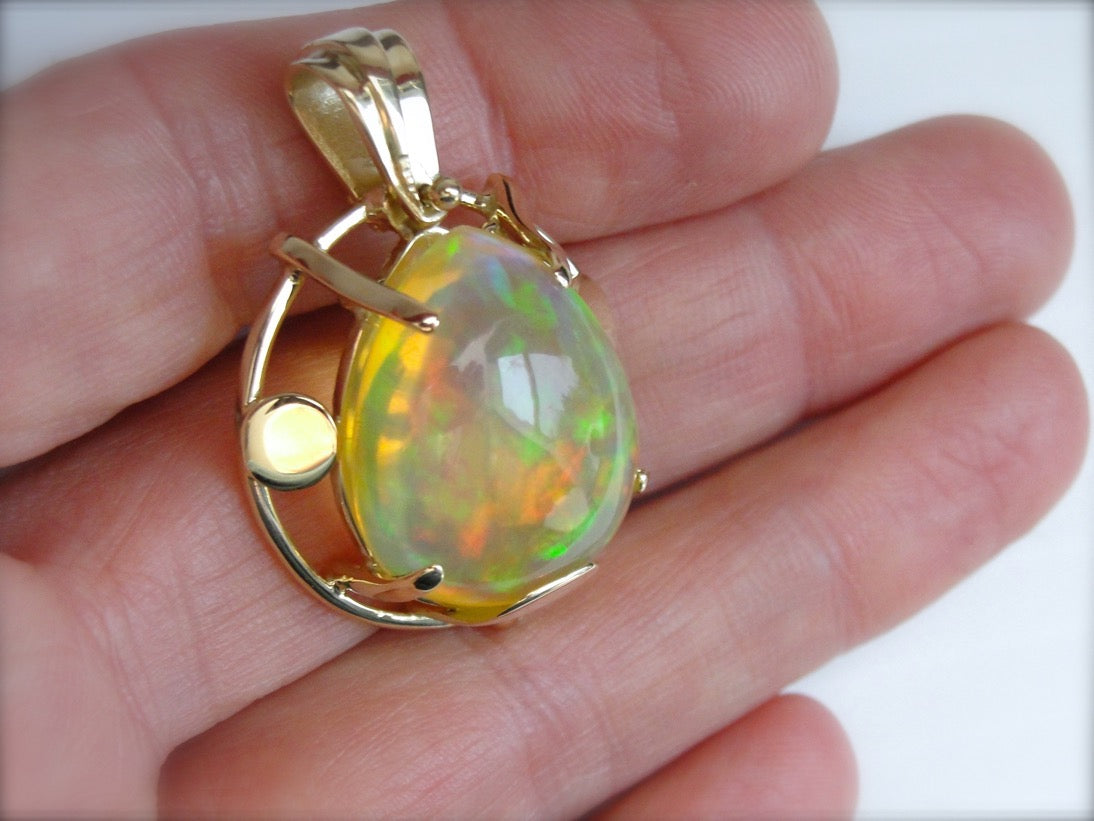 Large Ethiopian Opal Pendant in Handmade Yellow Gold Pendant