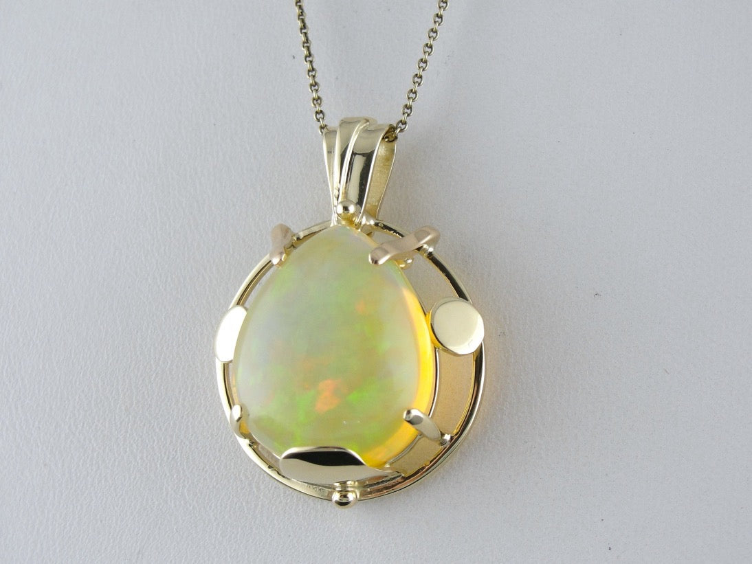 Large Ethiopian Opal Pendant in Handmade Yellow Gold Pendant