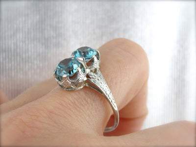 Incredible Art Deco, Double Blue Zircon Cocktail Ring in White Gold
