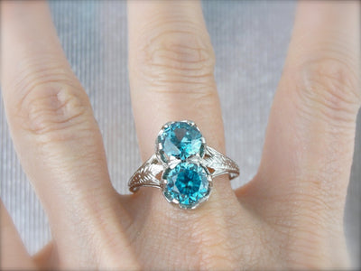 Incredible Art Deco, Double Blue Zircon Cocktail Ring in White Gold